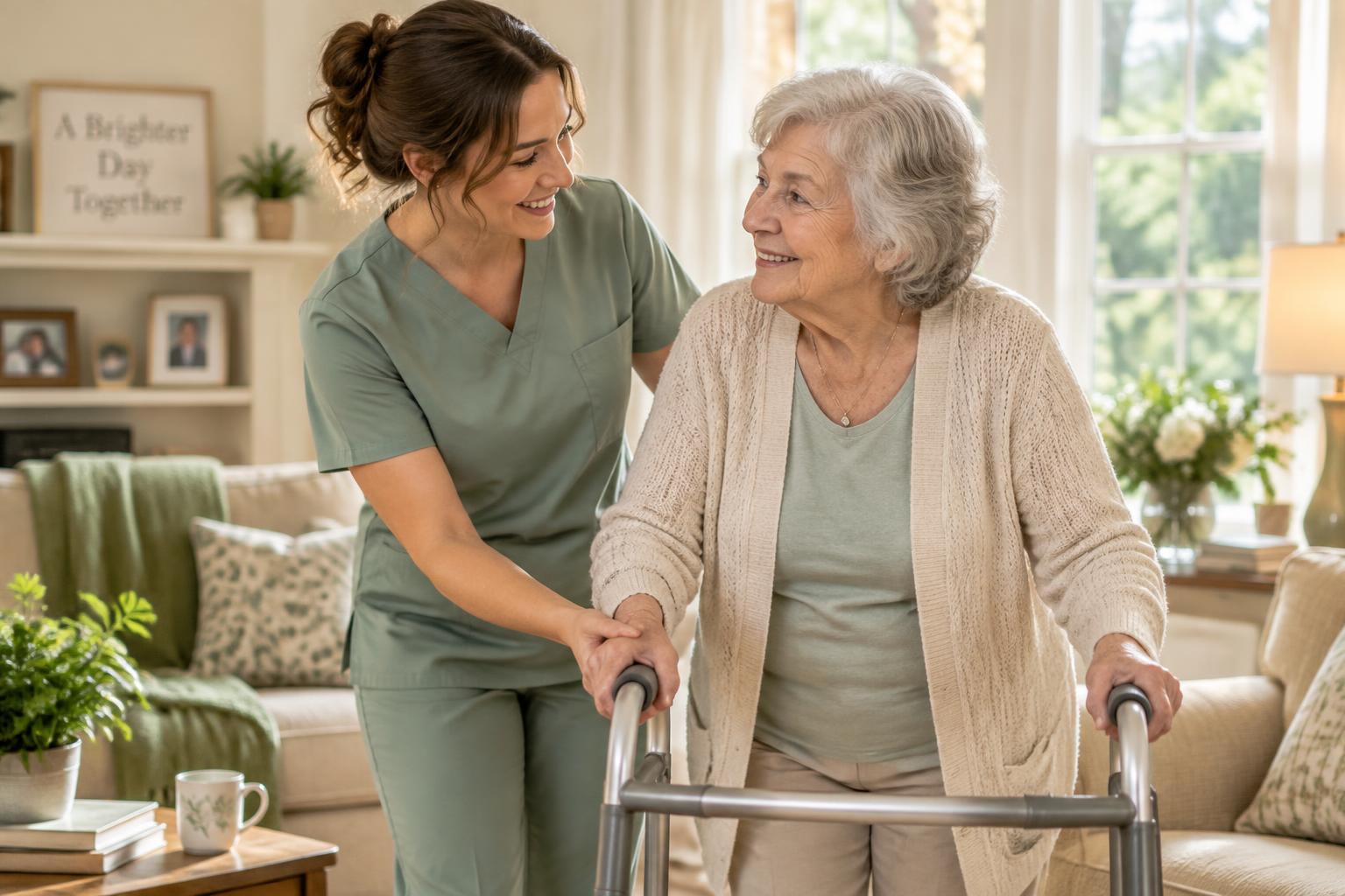 A caregiver gently assisting a senior woman with a walker in a cozy living room