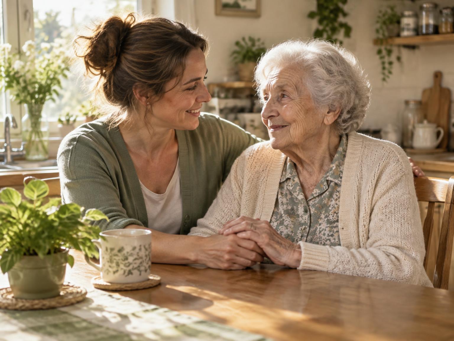 A caregiver sitting beside an older woman at a sunlit kitchen table, holding her hands as they talk and smile together